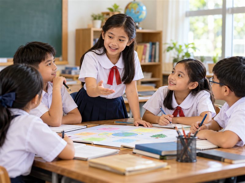 Young learner leading classmates in a collaborative activity