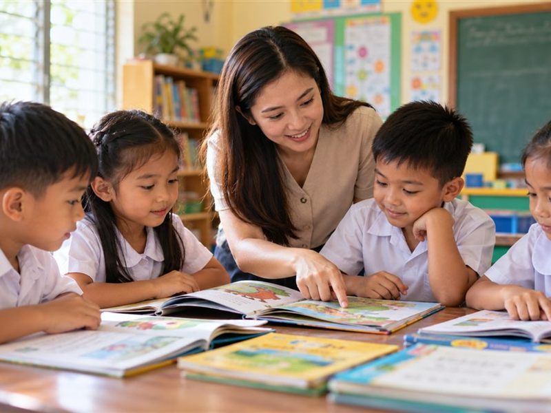 Teacher helping pupils discover books and reading